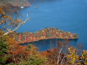 中禅寺湖の八丁出島を望む